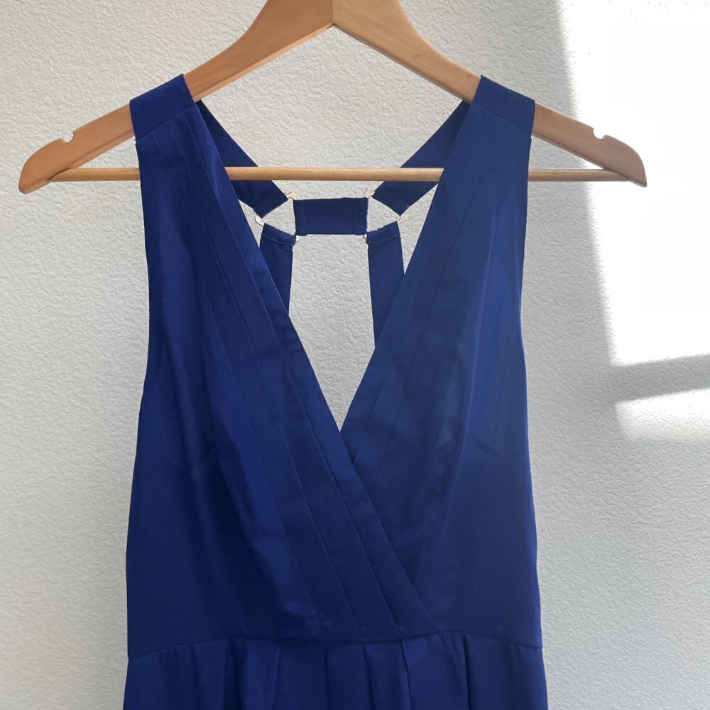 Aryn K. Blue 100% Silk High Low Deep V Pleated Cocktail Party Dress - Picture 2 of 7